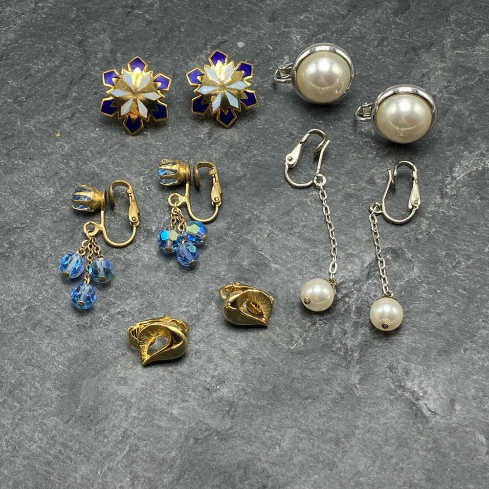 CLIP-ON Women’s Vintage Bundle 5x pairs earrings silver gold cloisonné